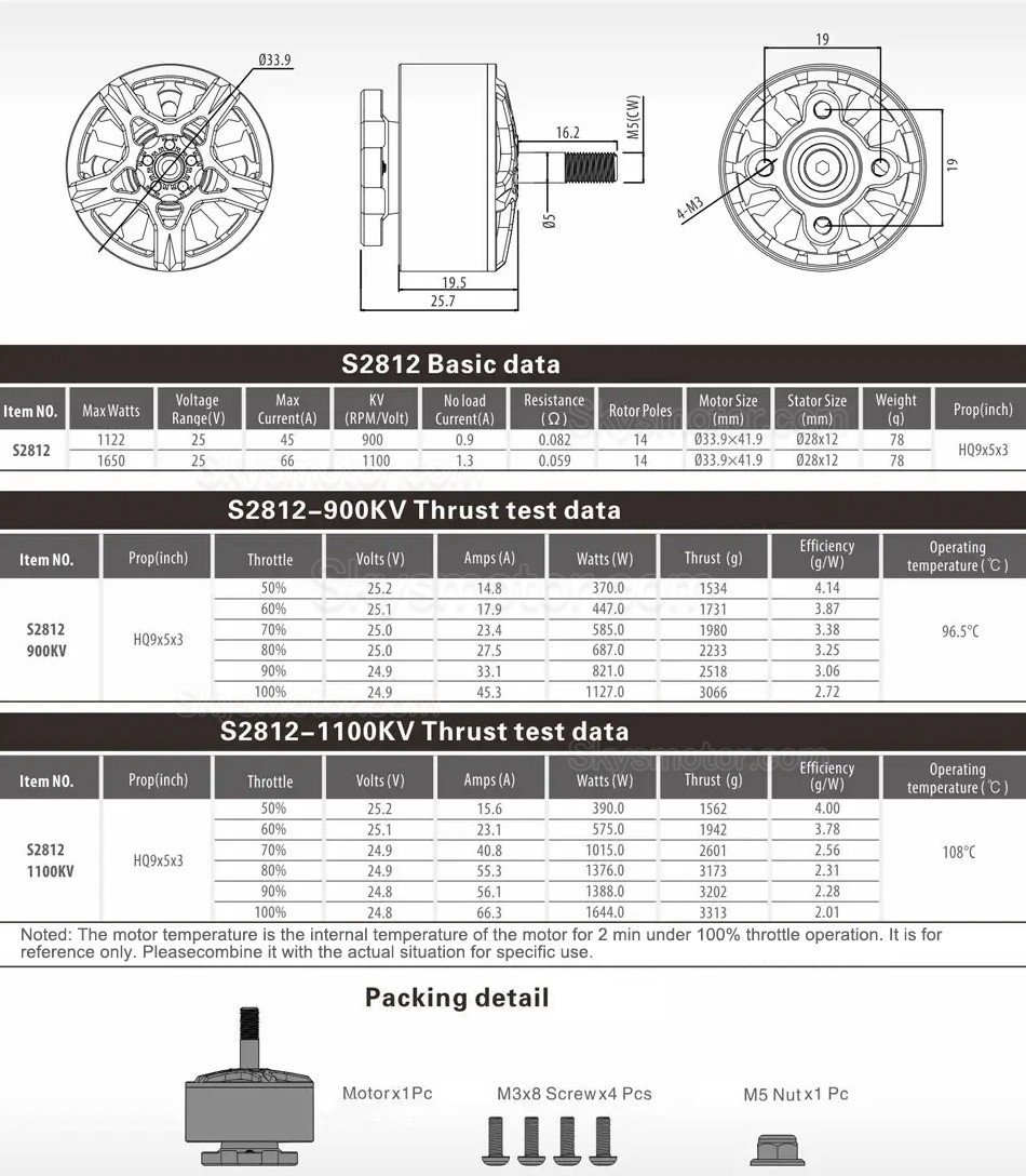 SURPASS Hobby S2812 900KV /1100KV ブラシレスドローンモーター (HQ9x5x3 プロペラと互換性あり)